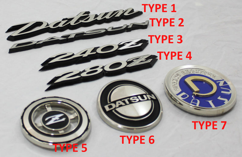 240z 260z 280z emblem for hood, quarter panel, rear hatch, side fender, datsun logo,  grill badge,  solid metal oem reproductions super high quality!